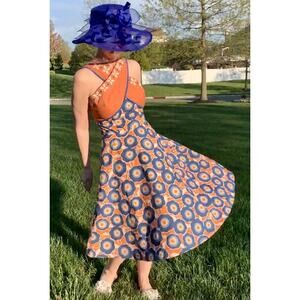 AUTUMN ADEIGBO Blue Orange 100% Cotton Floral Print Sleeveless Sade Dress size 0